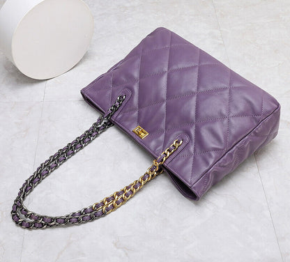 Quilted Sheepskin Leather Shoulder Bag Tote Handbag w/ Chains Purse Fashion
