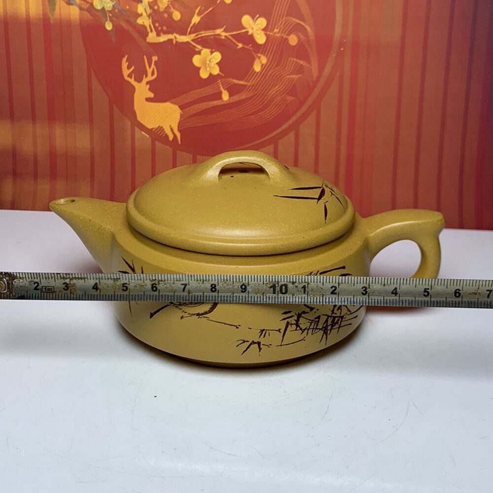 Vintage Chinese Yixing Purple Clay Teapot Zisha Ceramic Painted Bamboo Bird Rare
