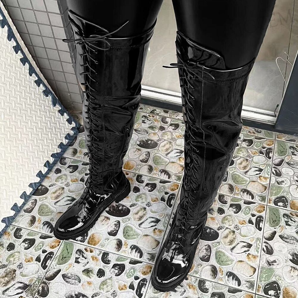 Women Over Knee Boots Round Toe Wide 5CM Mid Heels Boots Side Zip Shoes Woman