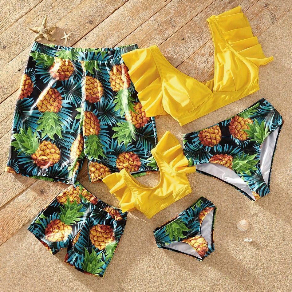 Swimwear Summer Ruffle Sleeve Swimsuits Family Look Pineapple Full Yellow Sets