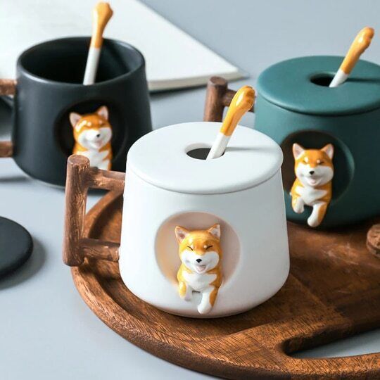 Ceramic Shiba Inu Mug with Lid Spoon Cute Dog Coffee Cup 420ml