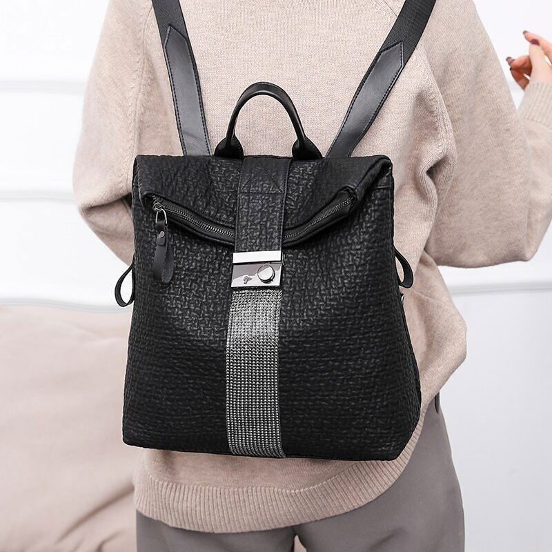 Women Leather Black Backpack School Backpacks Girls Travel Bagpack