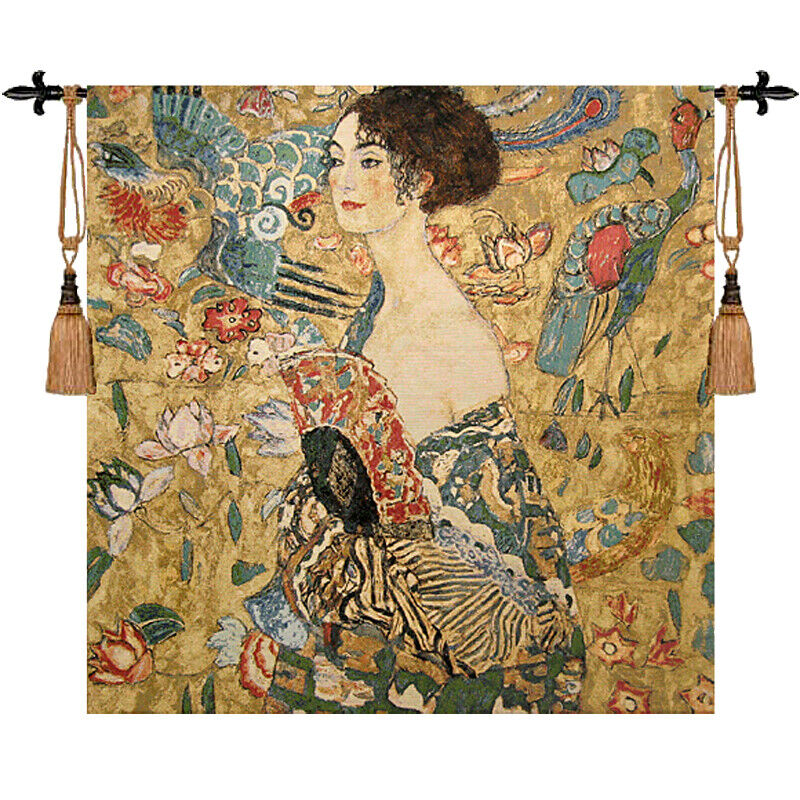 Beautiful Women with Fan KLIMT Jacquard Wall Hanging Tissue 52.8 inches x 52.8 inches-