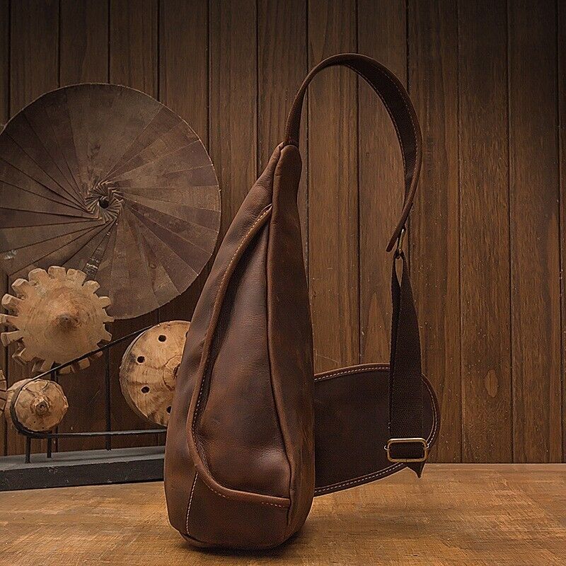 Crazy Horse Leather Men's Sling Backpack, Dark brown Top Leather Crossbody Bags