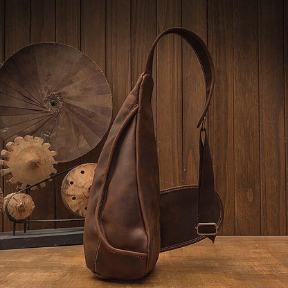 Crazy Horse Leather Men's Sling Backpack, Dark brown Top Leather Crossbody Bags