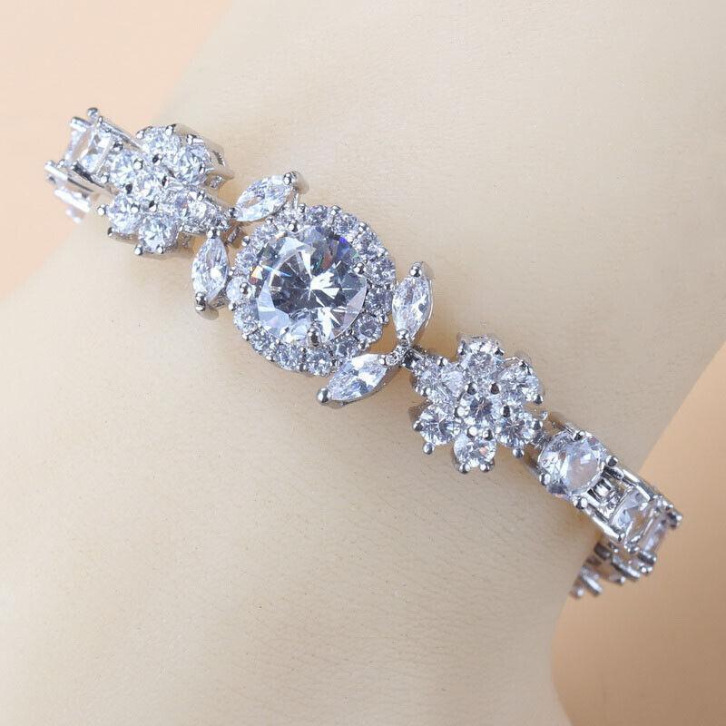 Blue Sapphire White Topaz 925 Sterling Silver Tennis Gemstone Bracelet Jewelry