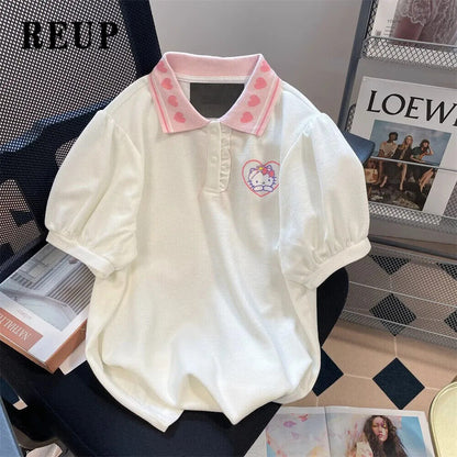 Women's cute heart Hello Kitty Printed Short Sleeves tops 100% cotton Loose Tees