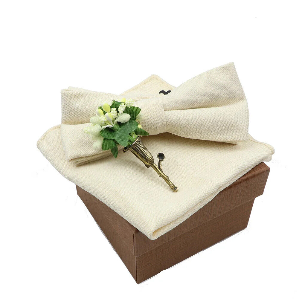Men Bow Ties 3Pcs Cotton Handkerchief Flower Brooch Women Party Wedding Necktie