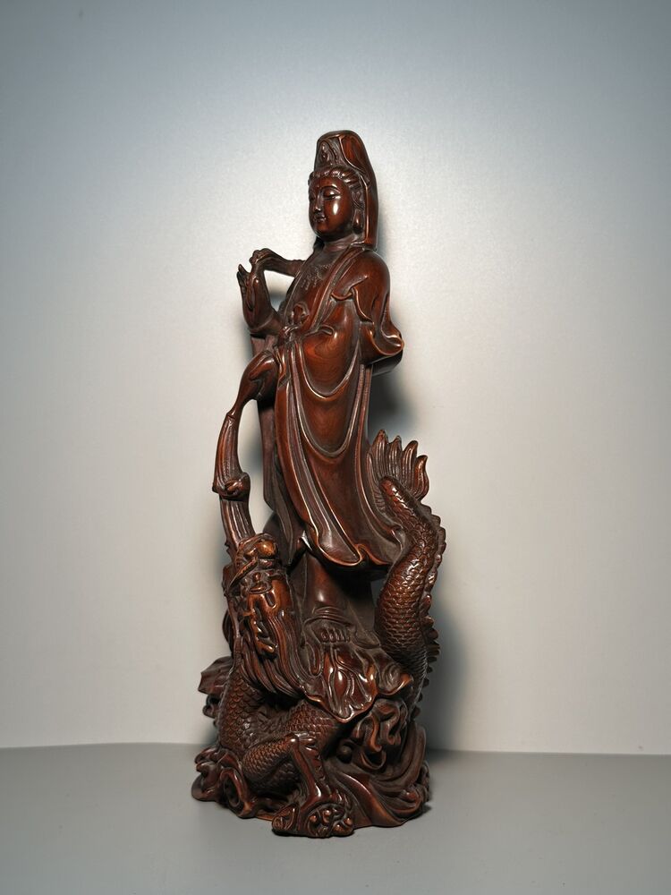 Vintage Chinese Wooden Carving Dragon Kwan Yin Statue Ornaments Wood Sculptures