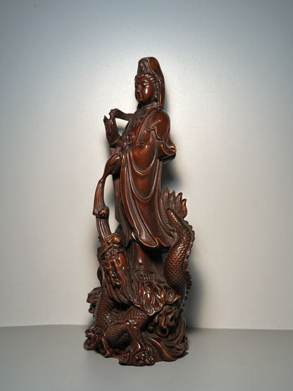 Vintage Chinese Wooden Carving Dragon Kwan Yin Statue Ornaments Wood Sculptures