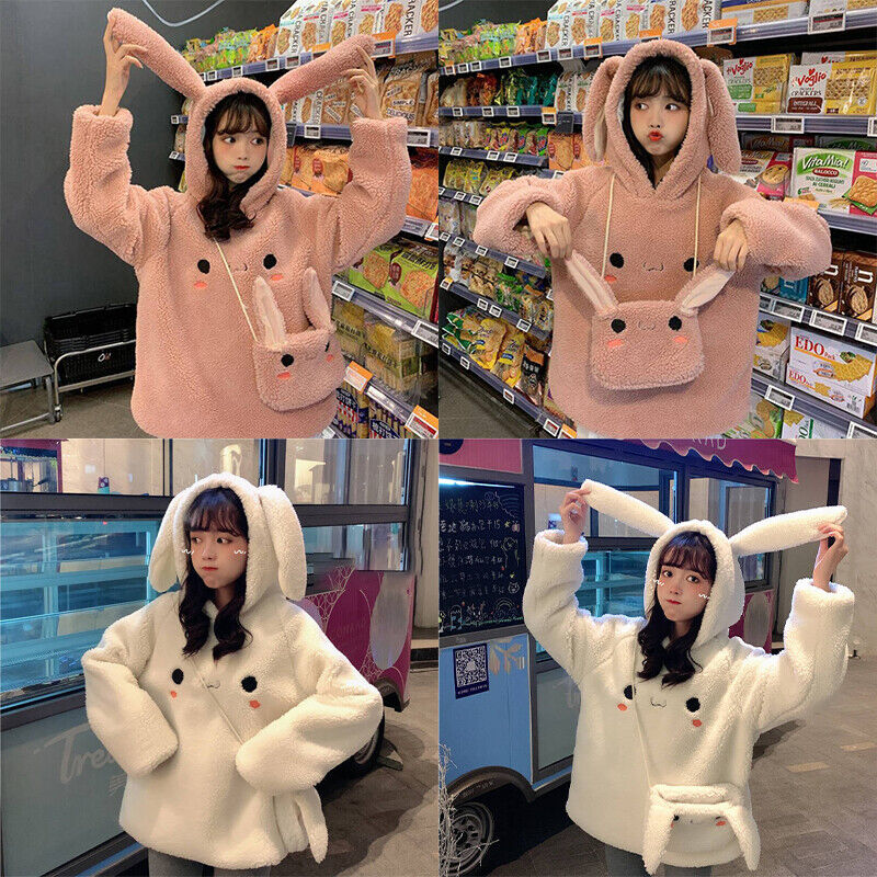 Women Girl Japanese Kawaii Hoodie +Bag Thicken Sherpa Sweatshirt Jumper Harajuku