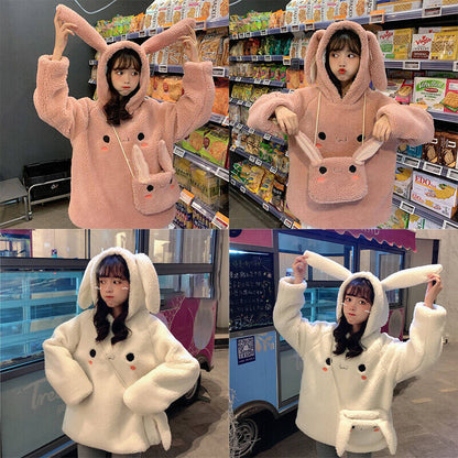 Women Girl Japanese Kawaii Hoodie +Bag Thicken Sherpa Sweatshirt Jumper Harajuku