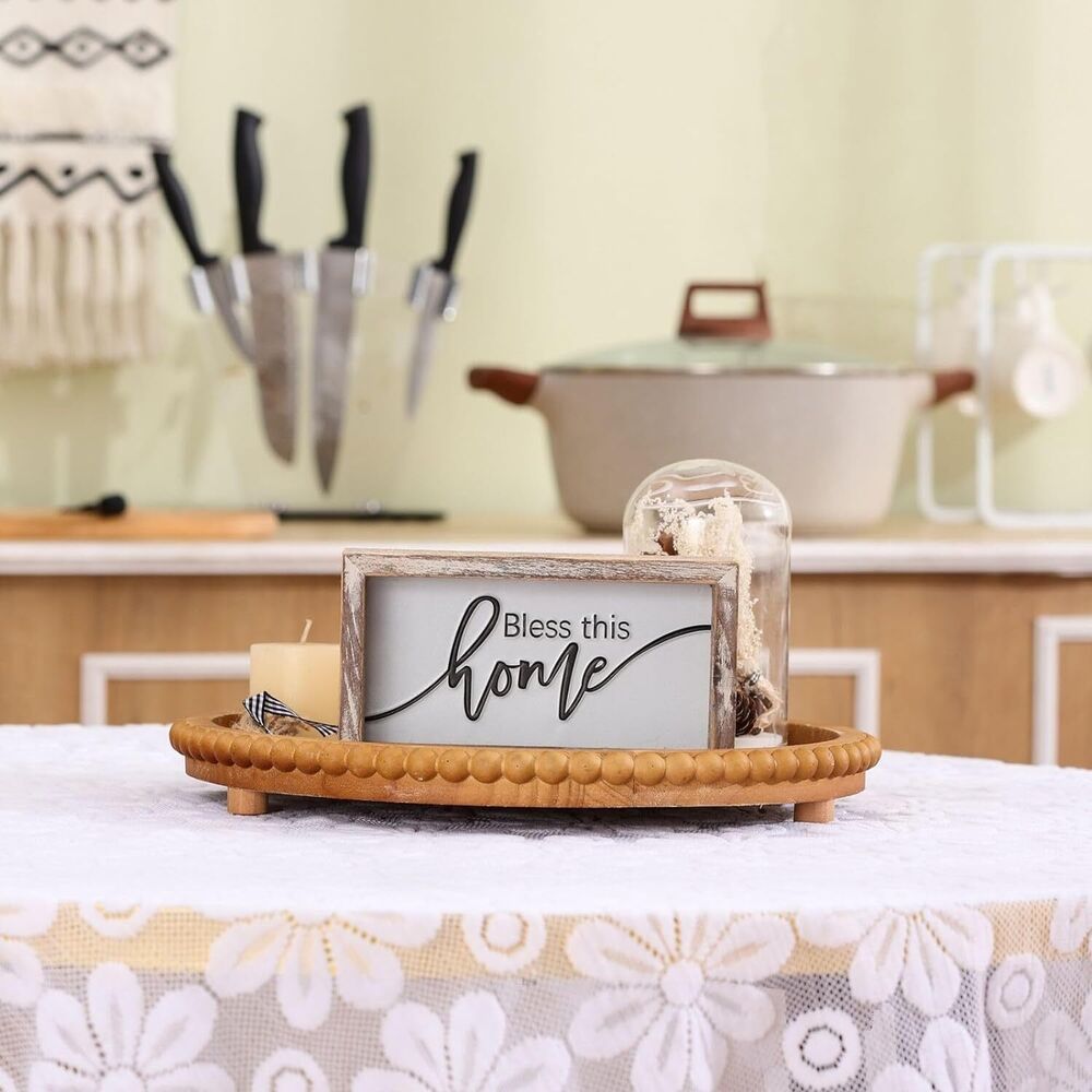 Round Wooden Tray Bamboo Coffee Table Beaded Decorative Home Kitchen Countertop