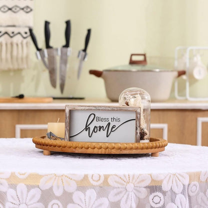 Round Wooden Tray Bamboo Coffee Table Beaded Decorative Home Kitchen Countertop