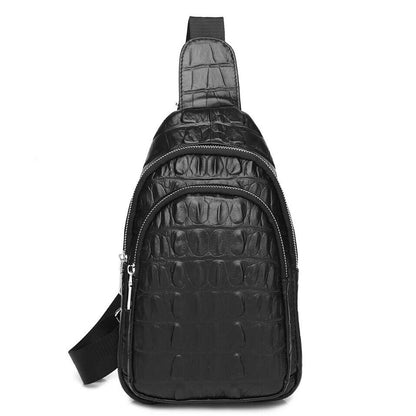 Black Real Leather Sling Backpack, Men's Crossbody Chest Bag Crocodile Print