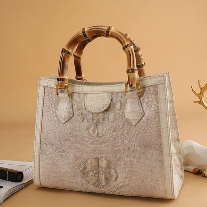 Handcrafted White CrocodileSkin Leather Handbag, Luxury Bamboo Bag for Women