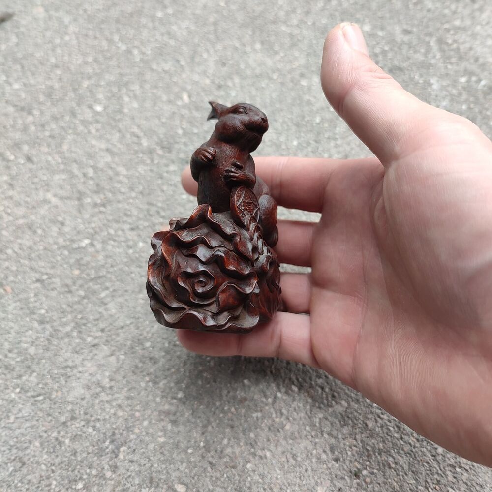 Wooden Carved Lucky Mini Rabbit Statue Gift Chinese Cabbage Money Ornament Decor