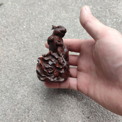 Wooden Carved Lucky Mini Rabbit Statue Gift Chinese Cabbage Money Ornament Decor