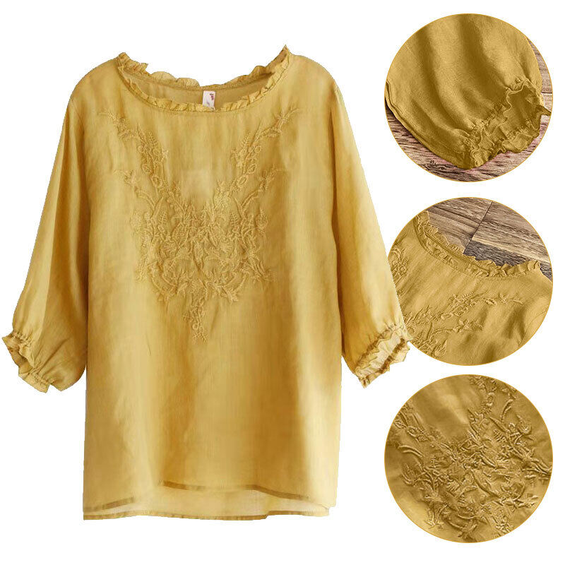 Women Summer Cotton Linen Shirt Casual Blouse Summer Baggy T-Shirt Tunic Tops