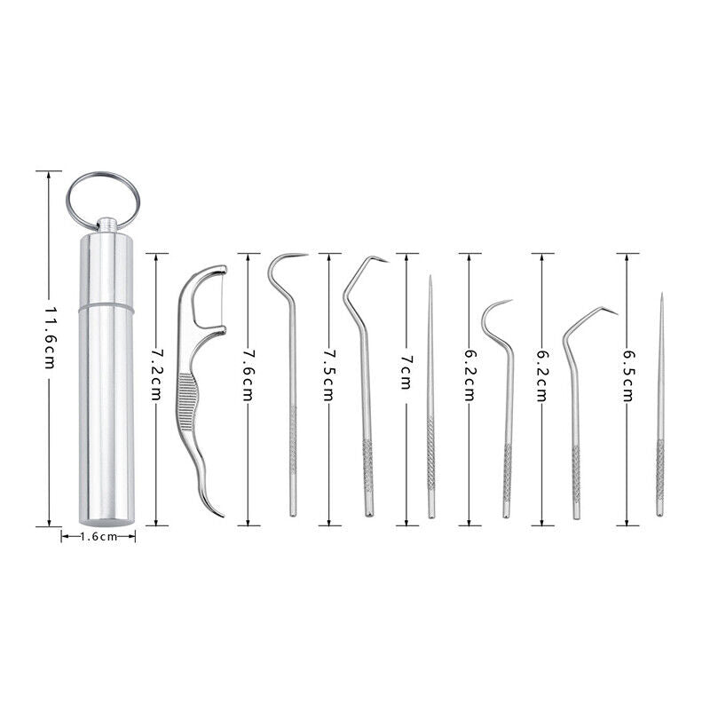 8pcs Portable Stainless Steel Metal Toothpick Bag Set Reusable with Hold-ca