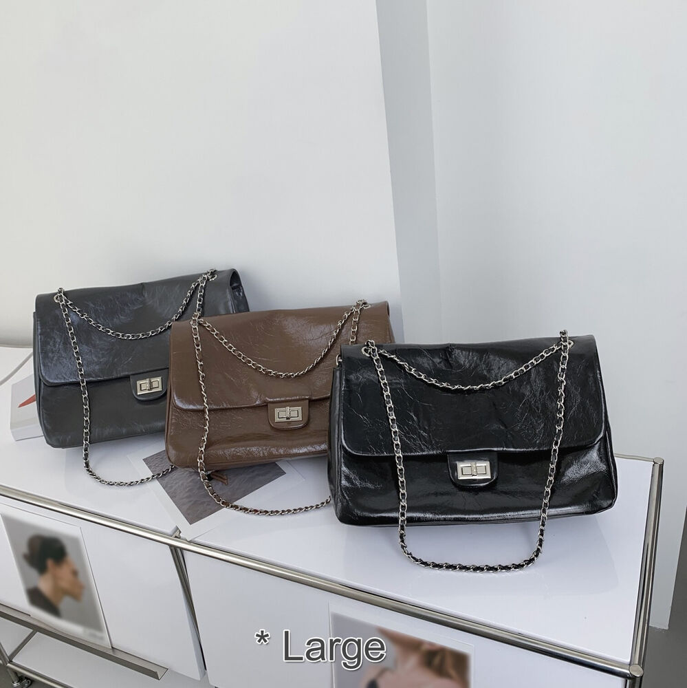 Shiny Real Leather Small Flap Shoulder Bag Purse Double Chains Crossbody Handbag