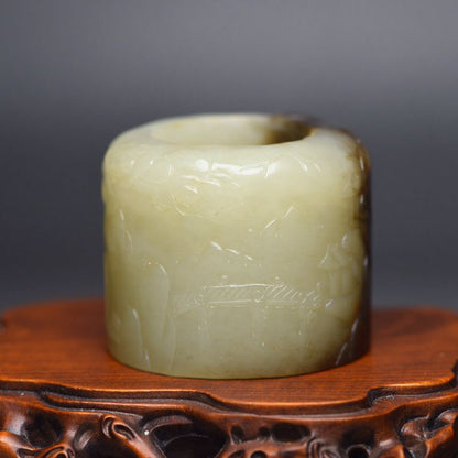 Chinese Natural Hetian Jade Carved Unique Sculpture Collector Thumb Ring Jewelry