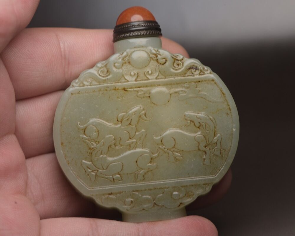 Chinese Antique Hetian Jade Snuff Bottle Carved Sheep Statue Nice Figurines Gift