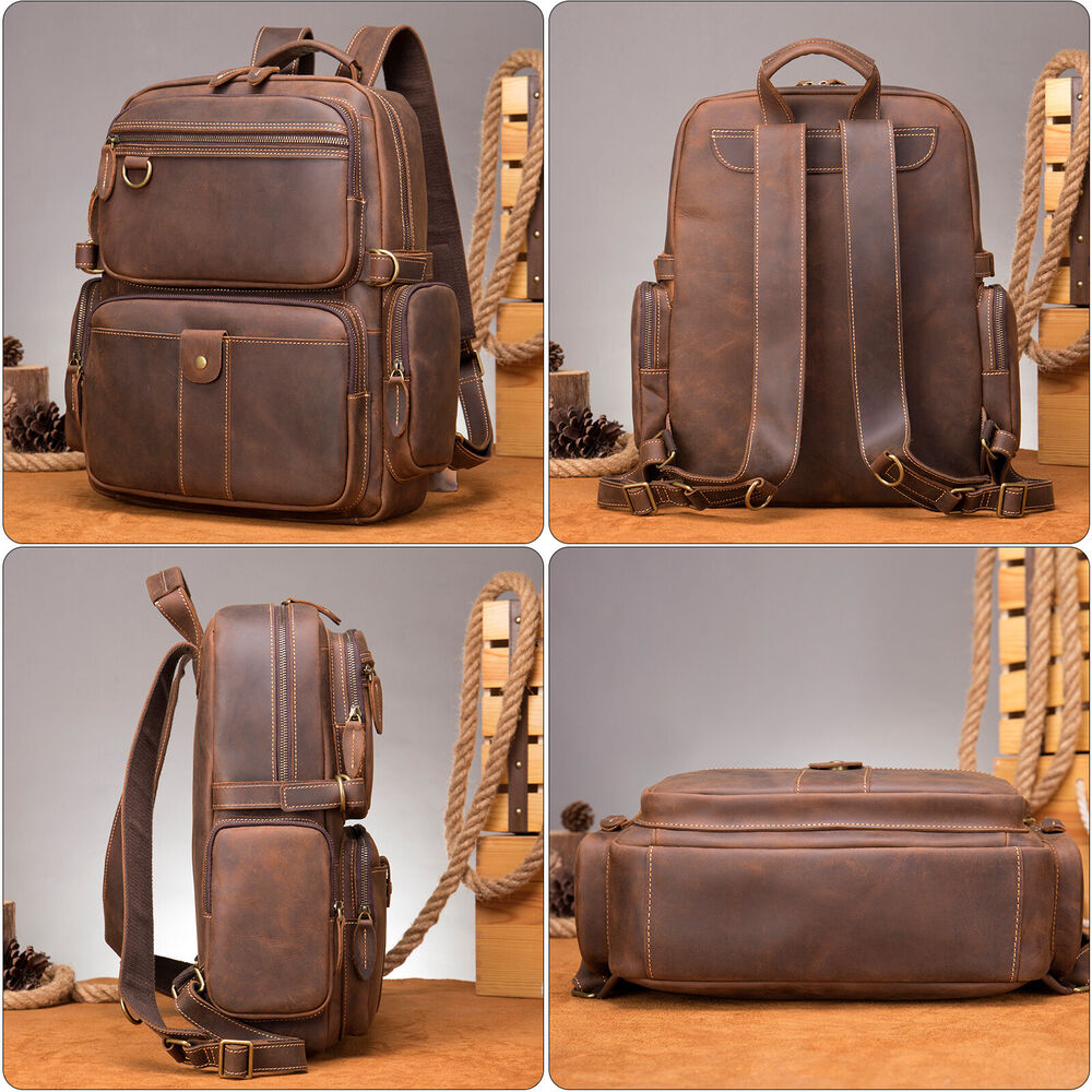 100% Crazy Horse Leather Men's Retro Backpack Travel Rucksack Daypack School Bag
