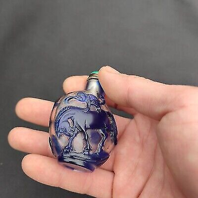 peking glass snuff bottle blue antique sprite free shipping carved horse statue