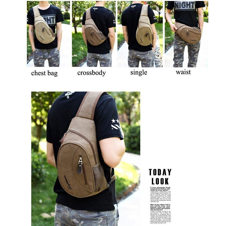 Men Canvas Small Sling Bag Zipper Outdoor Military Waist Pack Sling Chest Bag
