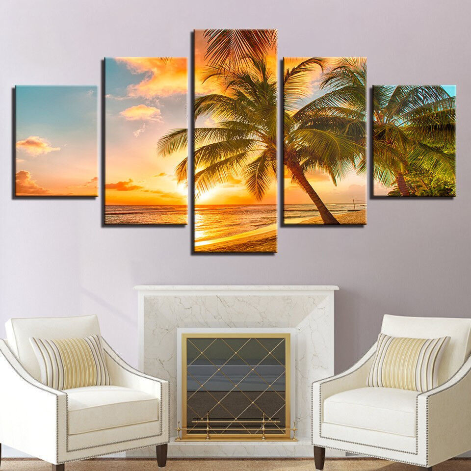Tropical Beach Sunset Poster Painting 5 Panel Canvas Print Wall Art Home Decor