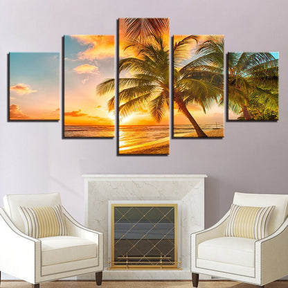Tropical Beach Sunset Poster Painting 5 Panel Canvas Print Wall Art Home Decor