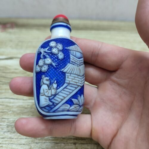 Exquisite Figure-story Glass Antique Chinese Snuff Bottle carved statue signet