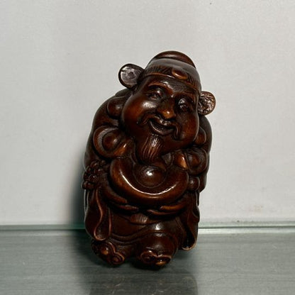 Chinese Vintage Boxwood Carving Mammon Statue Wooden Figurine Collectible Gift