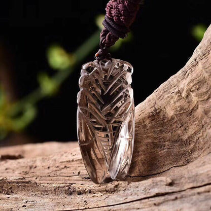 100% Natural Brown Tea Smoky Quartz Crystal Carved Cicada Reiki Pendant Necklace
