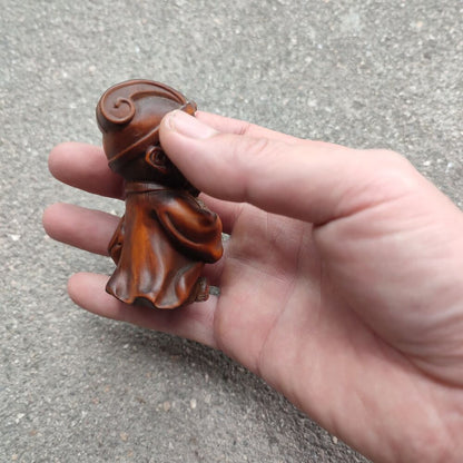 Wooden Christmas Statue Happy Zhuge Liang Figurine Boxwood Carving Children Gift