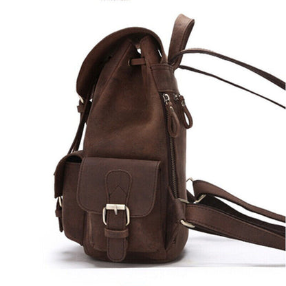 100% Crazy Horse Leather Women's Retro Backpack Travel Multi-pocket Rucksack Bag