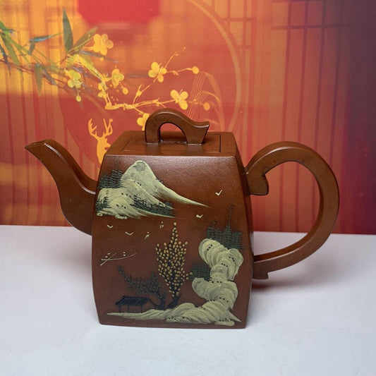 Vintage China Yixing Purple Clay Teapot Zisha Ceremony Painted Landscape Tea Set