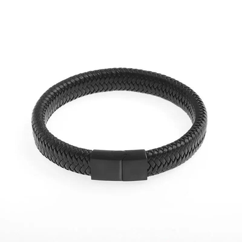 Black Bracelet Men's Braided Leather Bangle Stainless Steel Cuff Wristband