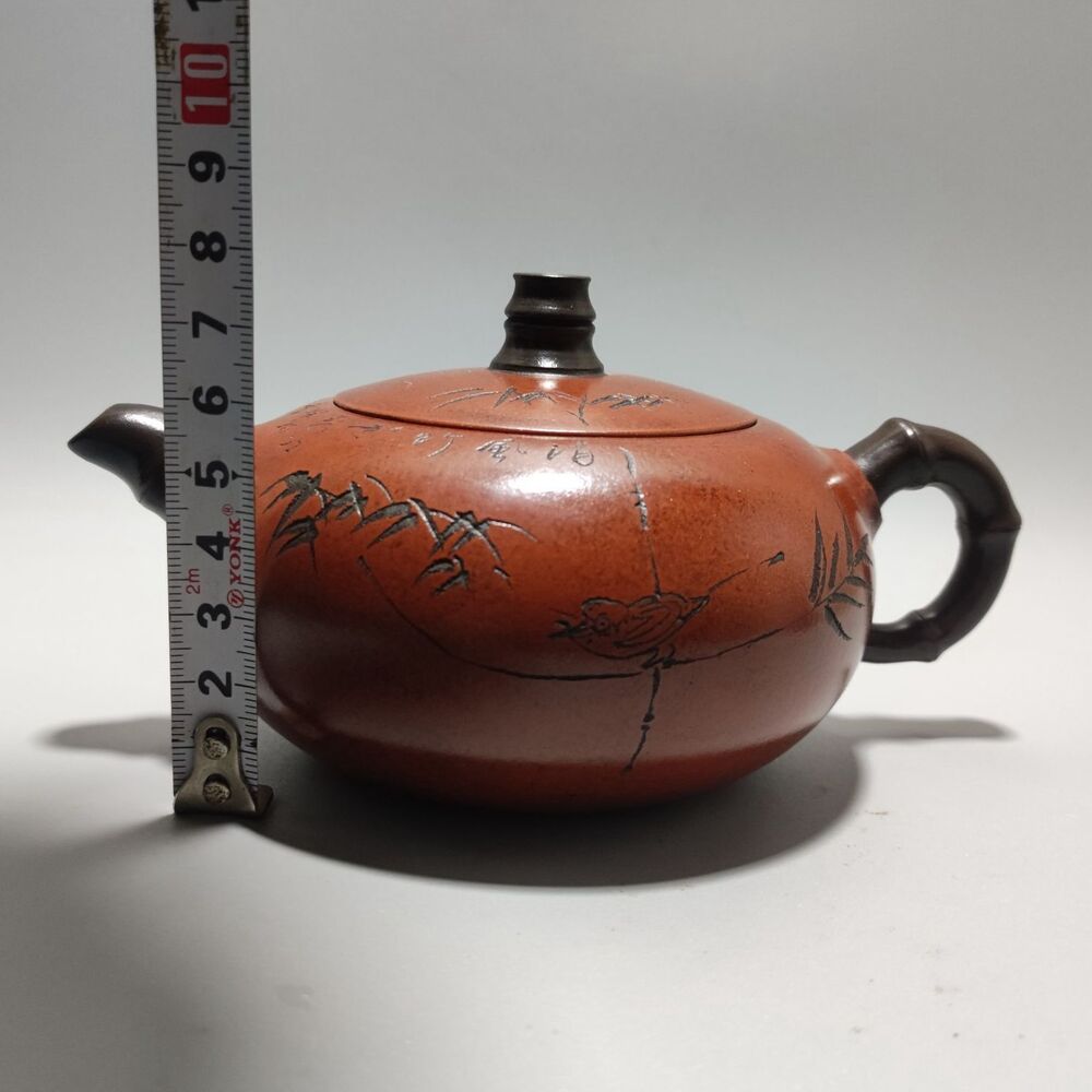 Vintage Chinese Yixing Purple Clay Teapot Zisha Ceramic Carving Bamboo Teaware