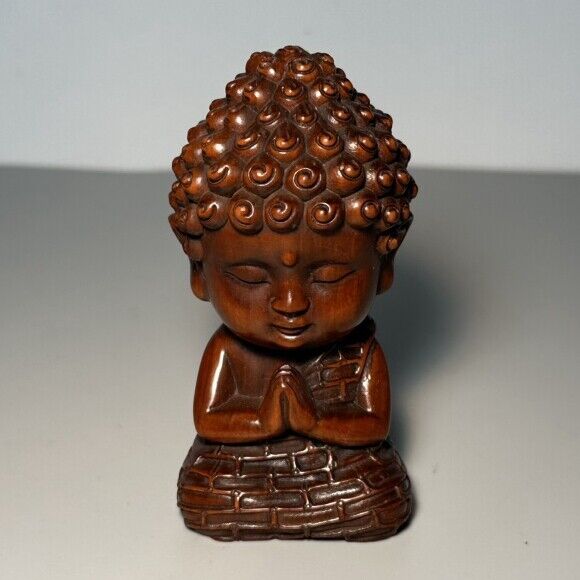 Vintage Chinese Boxwood Carved Baby Buddha Statue Ornament Wooden Figurine Gift