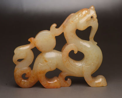 Top Chinese Antique Hetian Jade Carving Dragon Phoenix 龙凤呈祥 Statue Sculpture Art