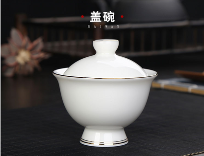 Hand covered bowl tea cup pure white fat jade porcelain gift box set