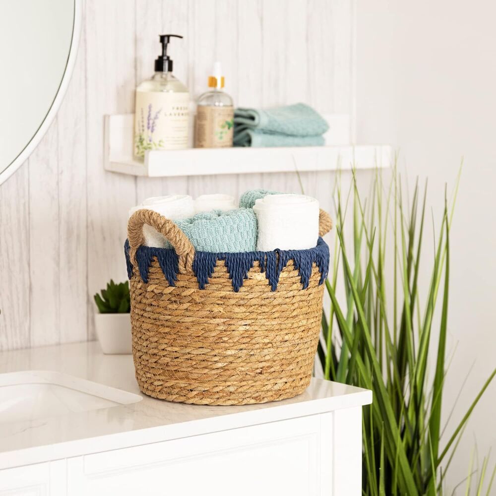 Woven Wicker Basket for Storing Essentials Rustic Decorative with Blue Deails