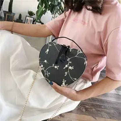 Sweet Lace Round Handbags Synthetic Leather Crossbody Bags Small Flower Chain