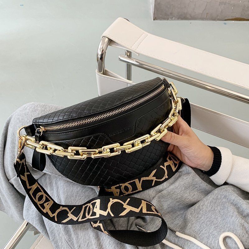 Thick Chain Fanny Pack Plaid Leather Waist Bag Shoulder Crossbody Handbags Belt
