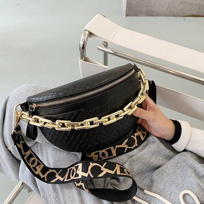 Thick Chain Fanny Pack Plaid Leather Waist Bag Shoulder Crossbody Handbags Belt