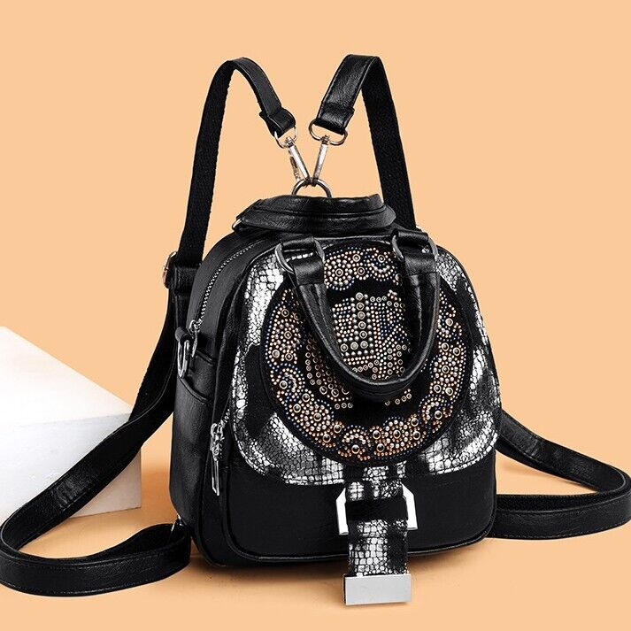 Women's Leather Black Backpack, New Desinger Embroidery Stamping Shoulder Bags