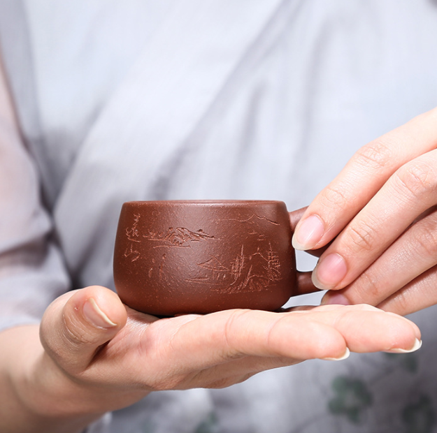 true yixing zisha clay tea cup with handle marked office cup 110ml hand carved