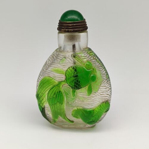 Collection Antique Chinese Green Glazed Nice Snuff Bottle Carved Goldfish Statue